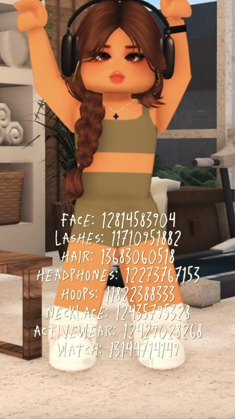 Roblox codes Workout Outfit Ideas, Fete Emo, Brown Hair Roblox, Blocksburg Outfit Codes￼, Code Clothing, Preppy Decal, Pic Code, Bloxburg Decals Codes Wallpaper, Bloxburg Decals Codes