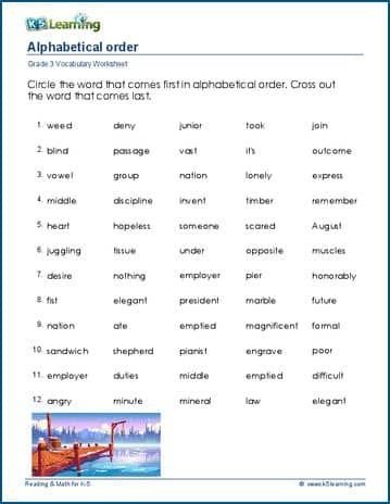 Students circle the word which comes first in alphabetical order on each line. Free | Worksheets | Vocabulary | Grade 3 | Printable Alphabetical Order Worksheets, Kindergarten Grammar, Early Science, Cursive Writing Worksheets, Comprehension Exercises, Grade Spelling, Kindergarten Resources, Free Worksheets, Sentence Writing