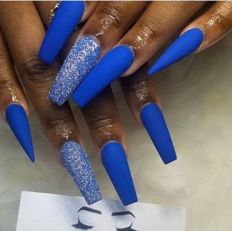 Zeta Phi Beta Nail Designs, Royal Blue Nails For Prom, Sparkle Acrylics, Royal Blue And White Nails, Royal Blue And Silver Nails, Blue Nail Inspo, Cobalt Blue Nails, Ballerina Nails Designs, Cowboy Nails