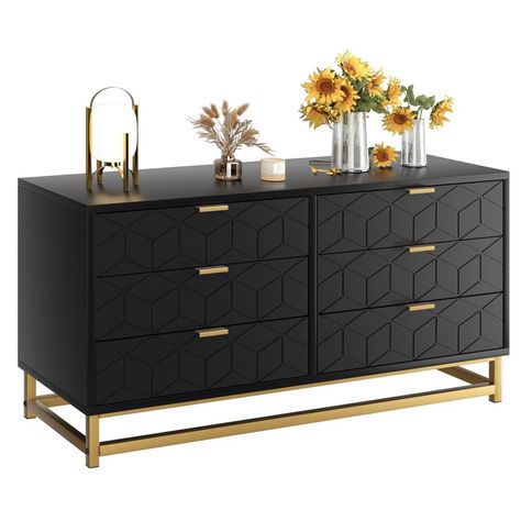 Black 6 Drawer Dresser for Bedroom, Wood Chest of Drawers with Metal Legs, Modern Storage Dresser Chest Cabinet Organizer, Large Dresser for Living Room, Hallway, Closet Large Dresser, Gold Dresser, Modern Chest Of Drawers, Accent Storage Cabinet, Black Dressers, Bedroom Chest Of Drawers, Dresser For Bedroom, Dresser Chest, Wood Dresser