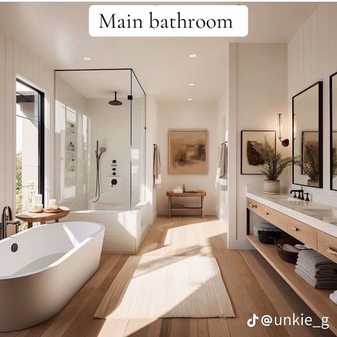 Master Bath With Hardwood Floors, Beautiful Bathrooms Modern Luxury, Modern Warm Bathroom, Resort Style Bathroom, Modern House Ideas, Planning 2024, Drømme Bad, Luxury Minimalism, Design Interior Baie