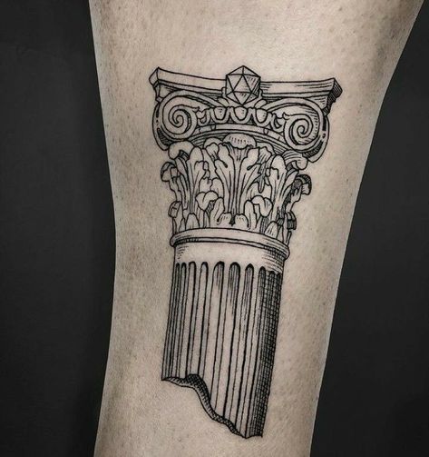 Greek Columns Tattoo, Engraver Tattoo, Roman Column Tattoo, Greek Pillar Tattoo, Greek Architecture Tattoo, Greek Column Tattoo, Engrave Tattoo, Ruins Tattoo, Pillar Tattoo