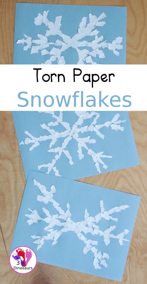 Torn Paper Snowflakes - a fun torn paper winter craft that kids can do and have a blast making - 3Dinosaurs.com #snowflakes #finemotorcrafts #3dinosaurs #snowflakecraft Torn Paper Snowflake Craft, Torn Paper Snowflake, Adaptive Art, Paper Snowflake Patterns, 3 Dinosaurs, Preschool Winter, Snowflake Template, Fine Motor Activities For Kids, Snowflake Craft