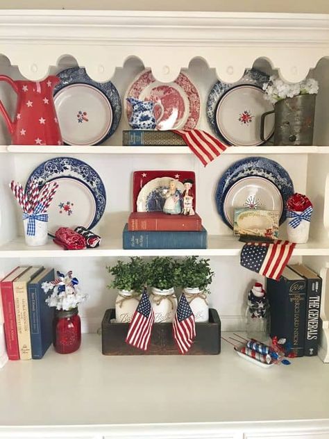 14 Stylish 4th of July Kitchen Decor Ideas » Lady Decluttered 4th Of July Hutch Decor, 4th Of July Vignettes, Vintage Patriotic Vignettes, Vintage Fourth Of July Decorations, Fourth Of July Home Decor, Vintage 4th Of July Decorations, Farmhouse 4th Of July Decor, Americana Farmhouse Decor, July Themes