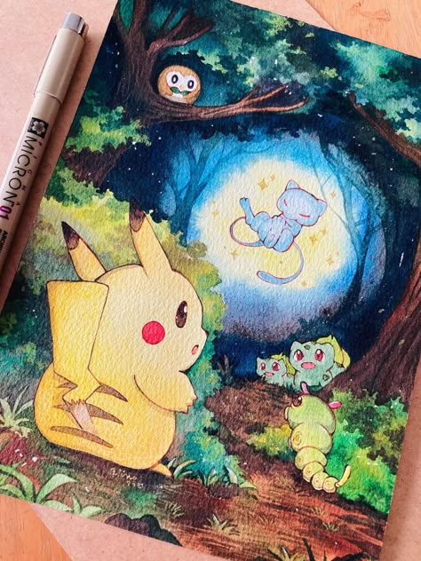 Step into the colorful world of Pikachu illustration! Our guide helps you create eye-catching, cute, and dynamic Pikachu art that's sure to dazzle. Pikachu Illustration, Mew Art, Pokemon Watercolor, Shiny Mew, Illustration Design Ideas, Pikachu Drawing, Background Animal, Pokemon Painting, Custom Pokemon