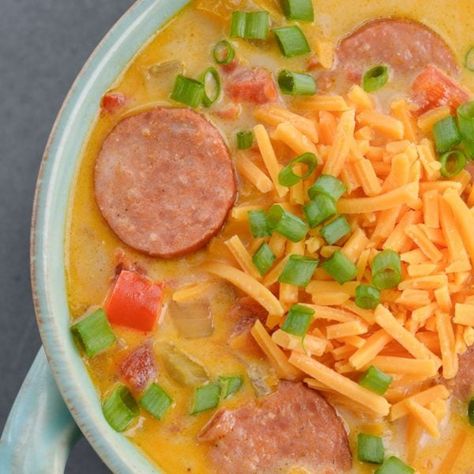 Cheesy Sausage Soup - Maebells Cheesy Smoked Sausage Soup, Sausage Cheese Soup, Cheesy Sausage Soup, Keto Sausage Soup, Smoked Sausage Soup, Soup Low Carb, Kielbasa Soup, Keto Soups, Cheap Easy Meals