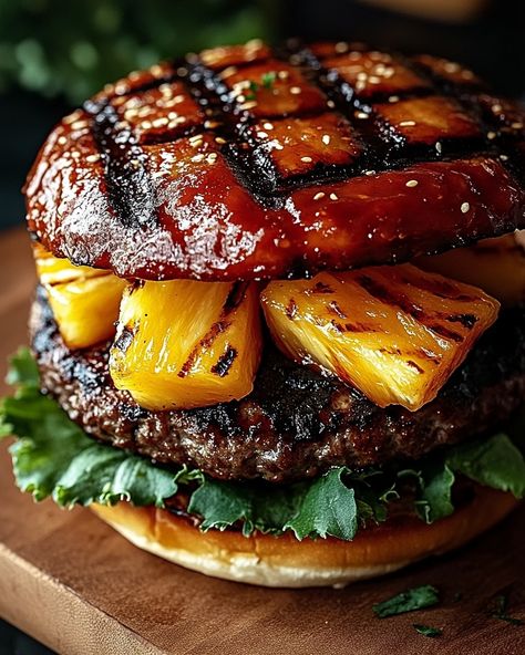 Juicy Hamburger Patties, Pineapple Burger, Juicy Hamburgers, Bbq Burger, Tangy Bbq Sauce, Fun Dinner, Bbq Burgers, Pineapple Rings, Fusion Restaurant