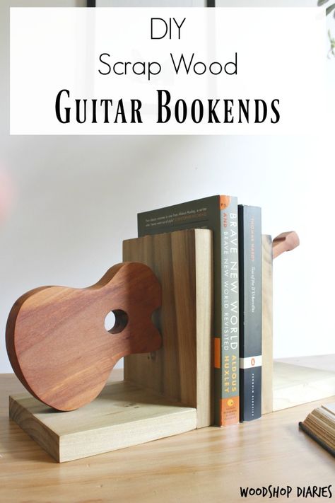 Scrap Wood Bookends-{Shaped Like a Guitar}--4 Step Scrap Wood Project Wood Towel Rack, Diy Bookends, Wood Bookends, Wood Scraps, Carpentry Diy, Scrap Wood Projects, Diy Holz, Popular Woodworking, Wood Plans