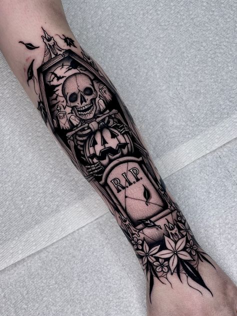 Halloween Graveyard Tattoo, Gothic Patchwork Sleeve Tattoo, Grave Yard Tattoos, Coffin Tattoo Ideas, Casket Tattoo, Headstone Tattoo, Graveyard Tattoos, Gravestone Tattoo, Coffin Tattoos