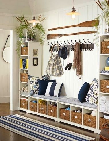 Coastal Decor, Beach, Nautical Decor, DIY Decorating, Crafts, Shopping | Completely Coastal Blog: Top Entryway Decor Ideas with a Coastal Wow Factor Bookcase Entryway, Bench Bookcase, Vstupná Hala, Wall Wardrobe Design, Organization Systems, Mudroom Organization, Mudroom Entryway, Mahogany Stain, Entryway Storage