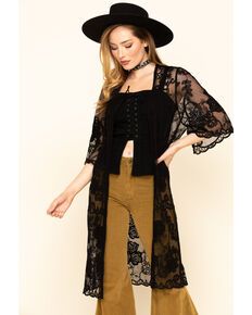 Black Lace Kimono Outfit, Lace Duster Outfit, Lace Kimono Outfit, Duster Outfit, Womens Western Tops, Black Lace Kimono, Random Clothing, Lace Duster, Duster Kimono