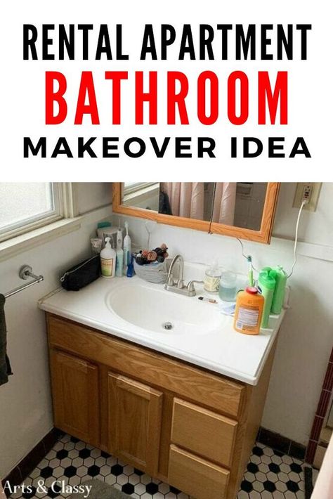 Just because you are living in a rental doesn't mean you can't have a beautiful bathroom. Check out this creative temporary bathroom makeover by using contact paper to cover walls and cabinet doors. Check out the before and after photos for this apartment bathroom update on a budget. #diy #rental #makeover Apartment Bathtub Makeover, Updating Apartment Bathroom, Bathroom Ideas Rental Apartments, Temporary Bathroom Makeover, Rental Bathtub Makeover, Temporary Cabinet Cover, Apartment Bathroom Diy Rental, Renter Friendly Bathroom Counter, Contact Paper Bathroom Vanity