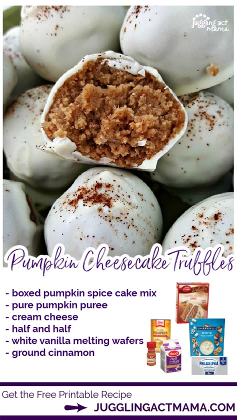 With a decadent pumpkin spice and cream cheese center and white chocolate coating, these pumpkin cake balls are absolutely divine! via @jugglingactmama Pumpkin Spice Truffles Recipe, Pumpkin Balls With Spice Cake, Pumpkin Spice Cake Truffles, Pumpkin Spice Cake Balls Recipe, Pumpkin Spice Cake Bites, Pumpkin Spice Cake Balls Easy, Spice Cake Balls Recipe, Pumpkin Cream Cheesecake Balls, Pumpkin Cheesecake Truffle Balls