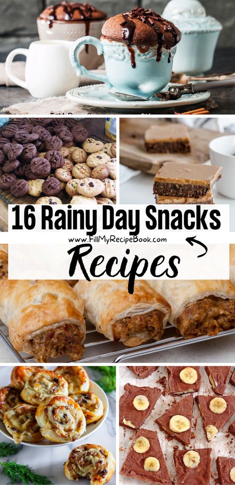 We share some snack recipe ideas to bake or no bake, for snacks for kids or families, being pastry sausage rolls or pin wheels with fillings. Biscuits or cookies with brownies and cake in a mug, in minutes, many more to choose from. Healthy Rainy Day Snacks, Easy Rainy Day Desserts, Easy Daytime Snacks, Rainy Day Recipes Desserts, Rainy Day Things To Bake, Rainy Day Treats, Rainy Day Cooking Ideas, Rainy Day Snacks Comfort Foods, Snacks For Snow Days