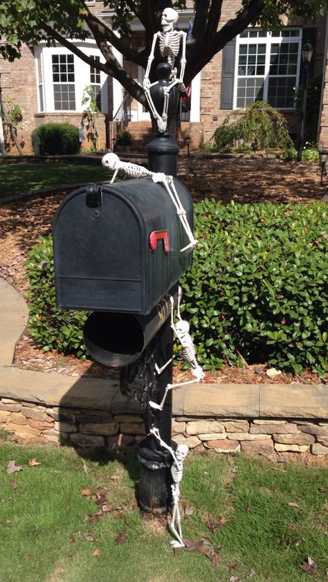 Gate Halloween Decor, Halloween Mailbox Decorations, Skelly Ideas, Halloween Gate, Halloween Decorations Outdoor Scary, Skeleton House, Halloween Outdoors, Mailbox Decorations, Skeleton Ideas