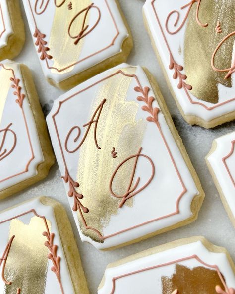 Engagement Decorated Cookies, Wedding Decorated Sugar Cookies, Wedding Cookies Decorated, Gold Cookies, Engagement Cookies, Bridal Cookies, Monogram Cookies, Small Bakery, Royal Iced Cookies