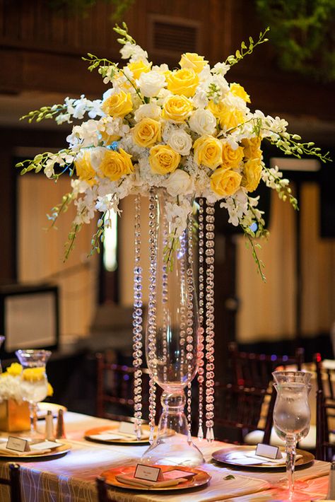 Follow us @ SIGNATUREBRIDE on Twitter and on Facebook at SIGNATURE BRIDE MAGAZINE Yellow Flower Decor, White Table Centerpiece Ideas, White And Yellow Wedding Theme, Yellow Wedding Decor, Yellow And White Wedding, Yellow Wedding Centerpieces, Yellow Centerpieces, Yellow Wedding Theme, Tall Wedding Centerpieces