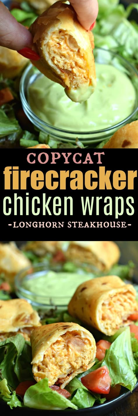 Stuffed Firecracker Chicken Rolls, Firecracker Chicken Wraps Longhorn, Chicken Wraps Sauce, Longhorn Firecracker Chicken Wraps, Firecracker Chicken Wraps, Wraps With Avocado, Lime Dipping Sauce, Firecracker Chicken, Longhorn Steakhouse