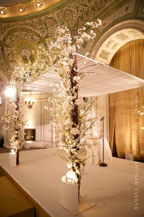 You could use flowers in front like these and draping in back???  The whole thing could be taller.  Not sure about this one. Wedding Arch Modern, Decoration Buffet, Wedding Chuppah, Wedding Setup, Romantic Lighting, Mod Wedding, Jewish Wedding, Wedding Stage, Wedding Deco