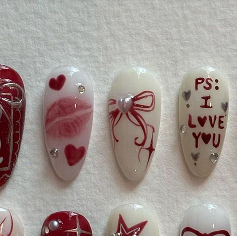 press on nails • nail design art on Instagram: "custom set ; red miffy  ib: @bibbilinails  SGD95" Hearts Manicure, Nail Painted Designs, Cute Nails Valentines, Valentine Nails Aesthetic, Press On Nail Aesthetic, Idea Nail, Miffy Valentine, Nail Valentine, Valentine Nail Ideas Acrylic Art Designs