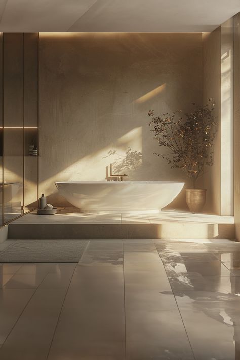 Zen-inspired minimalist bathroom • Sunlit ambiance with natural light • Freestanding white bathtub • Textured warm walls and reflective tiles • Recessed shelf with elegant toiletries • Potted dried plant adding an organic touch • Subtle mood lighting • Tranquil spa-like atmosphere. Spa Style Bathroom Ideas, Lux Apartment, Recessed Shelf, Bathtub Aesthetic, Spa Inspired Bathrooms, Bathtub Shelf, White Bathtub, Tranquil Bathroom, Mansion Aesthetic