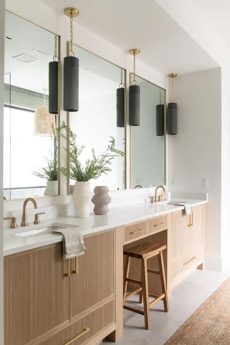 Tile Wall Behind Vanity Master Bath, One Light Two Mirrors Bathroom, Modern Primary Bathroom Design, Sleek Master Bath, 2023 Primary Bathroom Trends, Master Bath Ideas Double Sinks, Pivot Mirrors In Bathroom, Concrete Master Bath, Primary Bathroom Decor Ideas