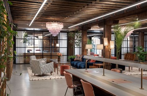 Mid Century Office, Community Table, Soho Loft, Hotel Inspiration, Loft Interior Design, Office Space Design, Soho London, Timber Structure, Loft Design