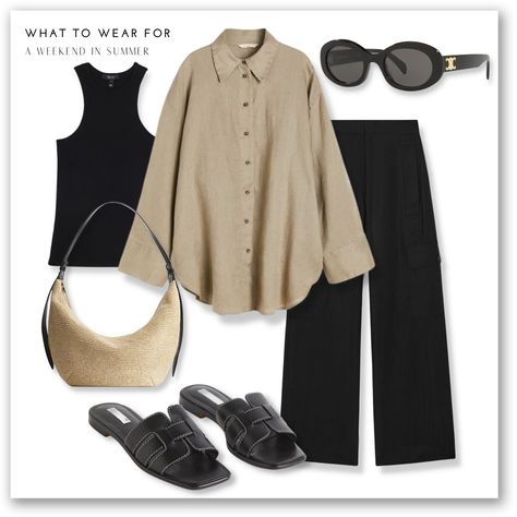 Black Cullotes Outfits, Linen Shirts Women Outfits, Linen Shirt Outfit Women, Black Dress Pants Outfits, Linen Shirt Outfit, Black Linen Shirt, Black Pants Outfit, Spring Summer Capsule Wardrobe, Black Linen Pants