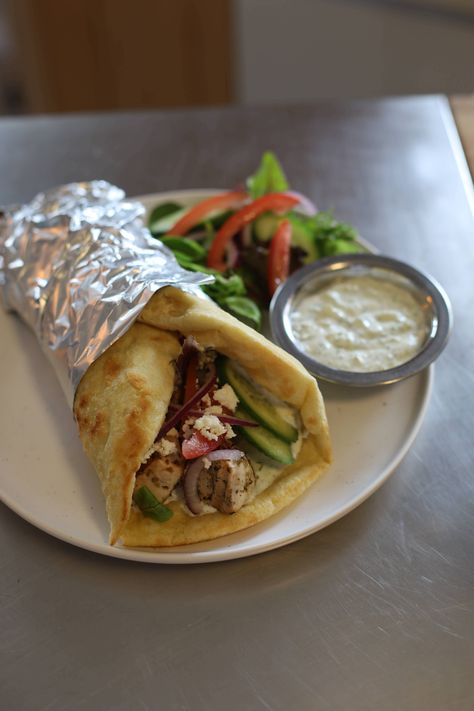 Greek Chicken Souvlaki Wraps — theredbowl Chicken Souvlaki Wrap, Souvlaki Wrap, Greek Chicken Souvlaki, Chicken Souvlaki, Citrus Chicken, Greek Chicken, English Cucumber, Plain Greek Yogurt, Fresh Veggies