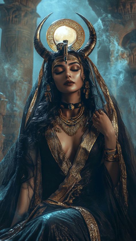 hathor, egyptian god, ai creation, creative, generation, artificial intelligence Fantasy Gods And Goddesses, Hathor Goddess Art, Dark Queen Makeup, Old Egypt Art, Greek Goddess Mythology, Goddess Photoshoot Ideas, Fantasy Egypt, Mystique Costume, Hathor Goddess