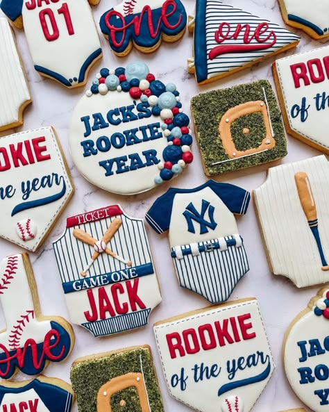 Rookies Of The Year Birthday, 1st Birthday Rookie Of The Year Cookies, Rookie Of The Year Desserts, Rookie Of The Year Cupcakes, Rookie Year First Birthday Cookies, 1 Year Baseball Birthday, Sports Themed First Birthday Boys, 1st Birthday Boy Rookie Of The Year, 1st Birthday Rookie Of The Year