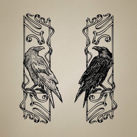 New Available Tattoo - Twin Crows #crowtattoo #birdtattoo #illustrativetattoo #artnouveautattoo #backpiece #tattoolisboa #tattoolisbon Crow Tattoo For Women, Woodcut Tattoo Flash, Corvid Tattoo, Six Of Crows Tattoo, Trust Noone Tattoos, Yarn Tattoo, Crow Tattoos, Backpiece Tattoo, Twin Tattoos