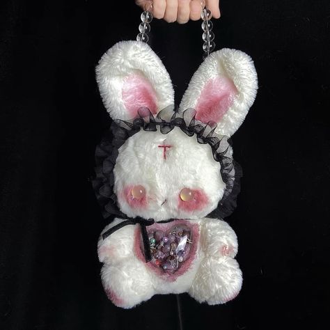 Cute Goth Plushies, Goth Bunny Plush, Goth Stuffed Animals, Goth Plushies, Stuffed Animal Bag, Goth Bag, Goth Bunny, Creepy Stuffed Animals, Goth Doll