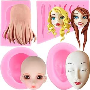 Mujiang 3D Human Face Silicone Molds Doll Hair Fondant Molds For Cake Decorating Chocolate Candy Clay Set Of 4 Silicone Doll Molds, Cake Decorating Chocolate, Polymer Clay People, Decorating Chocolate, Candy Clay, Clay People, Clay Set, Fairy Jars, Polymer Clay Mold