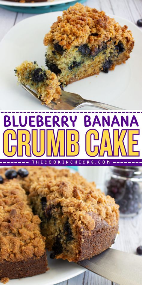 This quick and easy Blueberry Banana Crumb Cake recipe combines the sweetness of ripe bananas and juicy blueberries with a crumbly brown sugar streusel topping. Perfect for a breakfast treat or as an anytime dessert! Banana Blueberry Bundt Cake, Blueberry Banana Cake, Banana Sour Cream Cake, Savory Brunch Recipes, Cake With Blueberries, Banana Crumble, Banana Crumb Cake, Blueberry Coffee Cake Recipe, Blueberry Crumb Cake