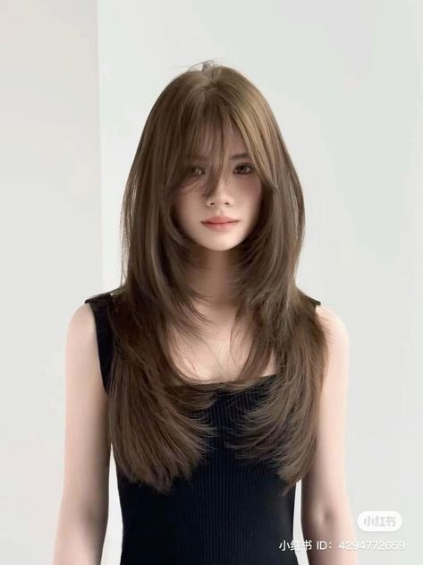 Russian Haircuts Women, Haircut Inspiration Thick Hair, Long Bangs Long Layers, Chocolate Brown Hair With Chunky Highlights, Face Framing Layers Long Hair With Bangs Fringes, Medium Haircuts Straight Hair, Layer Thick Hair, Medium Soft Layered Hair, Falco Haircut