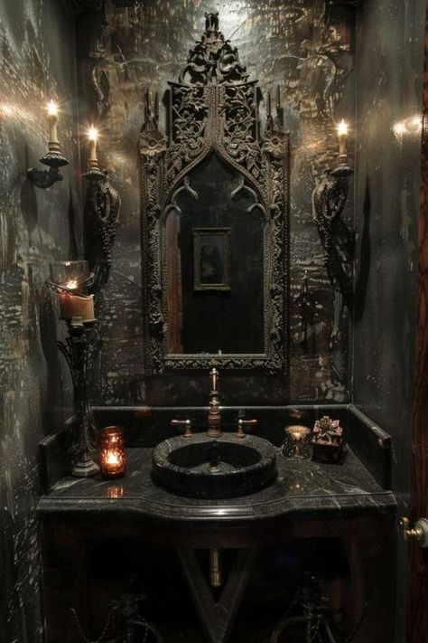 My Gothic home, the way we love it 💜🖤 | Unusuall Gothic Bathroom  ♠🖤♠ Victorian Goth Home Decor, Victorian Gothic Bathroom, Room Ideas Gray, Gothic Vanity, Gothic Bathroom Ideas, Goth Bathroom, Mafia House, House Decor Vintage, Elegant Bathrooms