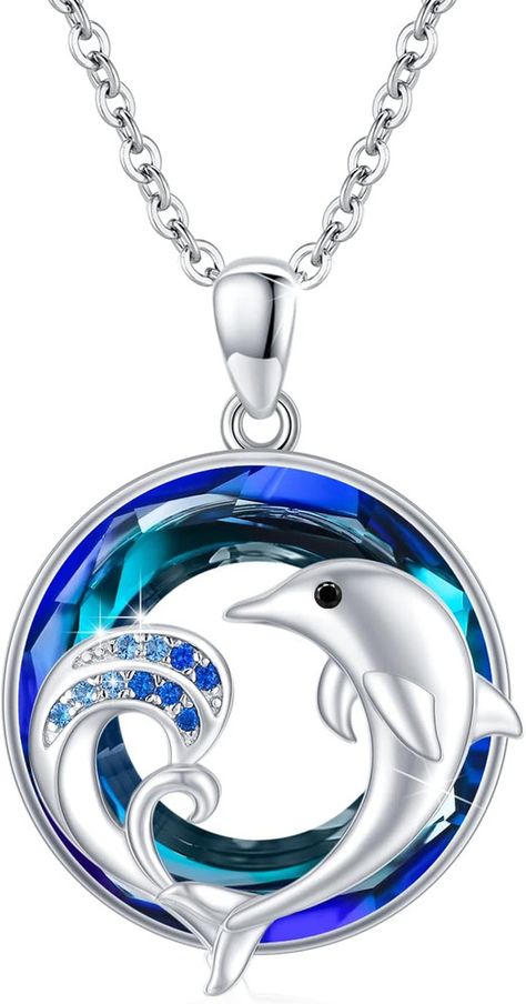 #ad Top Rated Crystal Dolphin Blue Wave Ocean Pendant Necklace Sterling Silver Gifts Women Men, Fashion Jewelry