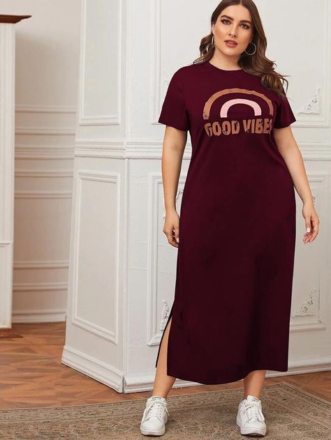 Free Returns ✓ Free Shipping On Orders $49+ ✓. Plus Split Side Letter Graphic Tee Dress- Plus Size Dresses at SHEIN. Scrubs Uniform Fashion, Pluse Size, Cotton Dresses Online, Casual Dresses Plus Size, Mens Pants Size Chart, Clothes Items, Scrubs Uniform, Jeans Outfit Women, Graphic Tee Dress