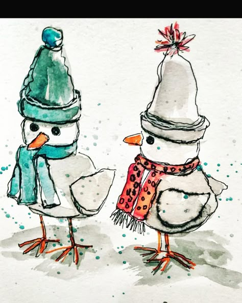 Pen And Wash Christmas Cards, Watercolor Bird Christmas Cards, Watercolor Winter Animals, Snowman Watercolor Christmas Cards, Watercolour Snowman, Penguin Christmas Cards Watercolor, Studio Corner, Watercolor Whimsy, Painting Basics