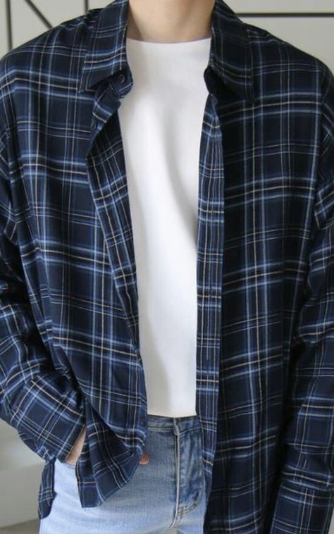 Men Blue Flannel Outfit, Blue Shirt Men Aesthetic, Flannel Shirt Aesthetic Men, Open Flannel Shirt Outfit Men, Flannel Male Outfit, Nerdy Aesthetic Outfits Men, Dark Flannel Outfits Men, Blue Flannel Outfits Men Streetwear, Dark Blue Flannel Outfits