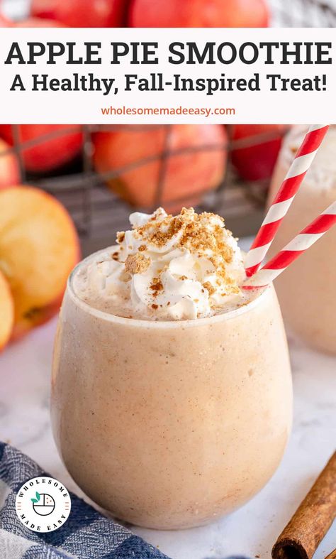 A sweet blend of apples and fall spices make this healthy Apple Pie Smoothie a perfect start to your day! This wholesome, delicious taste of the holidays will satisfy your apple pie cravings while giving you a wonderful boost of protein. Healthy Apple Pie Smoothie, Green Thickies, Healthy Apple Pie, Apple Pie Smoothie, Veggie Smoothies, Cookie Toppings, Best Apple Pie, Protein Shake Smoothie, Smoothie Ideas