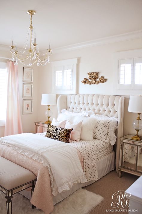 Pink and gold bedroom featuring tufted wingback headboard by Randi Garrett Design Bedding Grey, Chandelier Table, Modern Panel, Girls Bedroom Makeover, Metal Nightstand, Headboard Ideas, Curtain Window, Gold Bedroom, Wingback Headboard