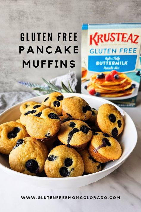 #AD Super easy gluten-free breakfast! Made with @krusteaz Light and Fluffy Buttermilk Pancake Mix! #MakeItKrusteazy #MakeKrusteaz Gluten Free Pancake Muffins, Gluten Free Pancake Mix Recipe, Pancake Mix Muffins Recipe, Blueberry Pancake Muffins, Pancake Mix Muffins, Muffin Mix Recipe, Gluten Free Pancake, Gluten Free Pancake Mix, Pancake Mix Recipe