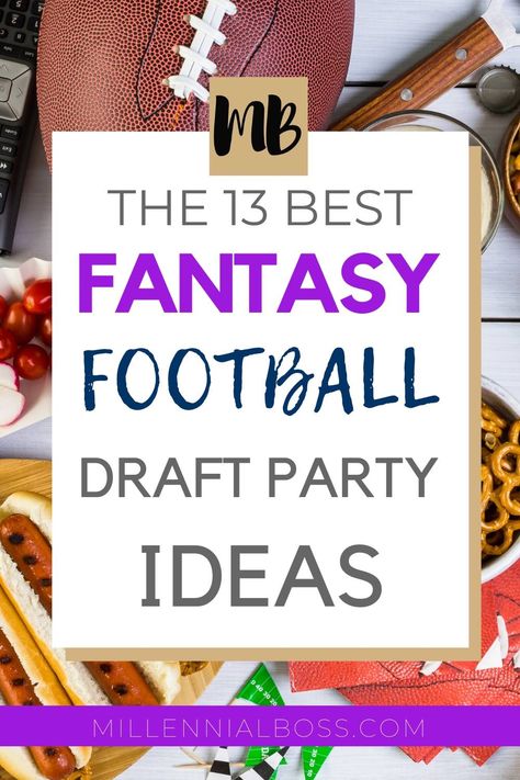 Throw an amazing fantasy football draft party with these 13 ideas #fantasyfootball Football Draft Party Ideas, Fantasy Football Party Ideas, Fantasy Football Food Ideas, Fantasy Football Draft Party Games, Fantasy Football Party Food, Fantasy Football Draft Party Food Ideas Easy, Fantasy Draft Party Ideas, Nfl Draft Party Ideas, Football Draft Party Food