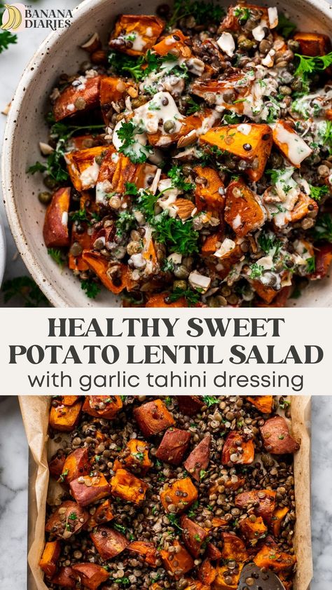 Daniel Fast Salads, Potato Lentil Salad, Vegetarian Ideas, Daniel Fast, Salad With Sweet Potato, Lentil Salad, Tahini Dressing, Lentil Recipes, Chopping Block