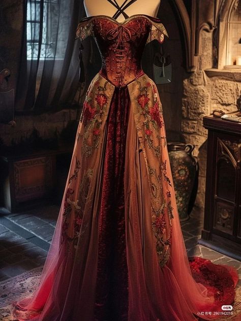 Red Vintage Dress 1800, Red Midevil Dresses, Fae Ball Dress, Red And Gold Dress Gowns, Medieval Princess Outfit, Fantasy Dresses Aesthetic, Fantasy Dress Red, Fantasy Gowns Red, Red Princess Dress Fairytale