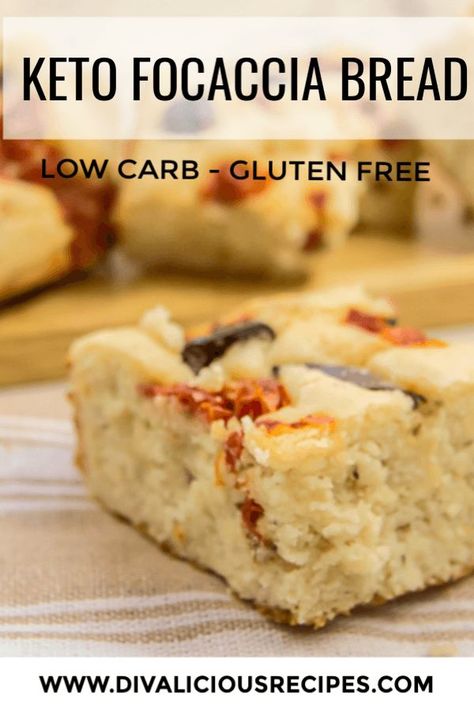 A low carb bread version of focaccia with almond flour is flavoured with sundried tomatoes and olives for a hearty bread recipe.  #ketobread #lowcarb #keto #almondflour #grainfree Keto Focaccia, Keto Brood, Keto Bread Recipe, Keto Banana Bread, No Bread Diet, Best Keto Bread, Pan Sin Gluten, Lowest Carb Bread Recipe, Coconut Bread