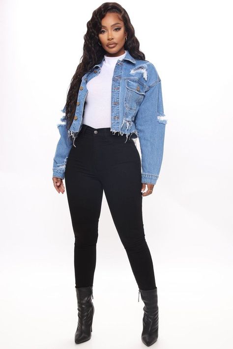 757f843a169cc678064d9530d12a1881desc52926647ri Denim Jacket Cropped, Crop Denim Jacket, Denim Jacket Outfit, Fashion Nova Outfits, Jacket Outfit, Cropped Denim Jacket, Womens Loungewear, Cropped Denim, Rompers Women