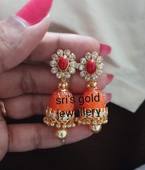 Coral Jumka Gold, Coral Jewelry Indian Gold Earrings, Coral Studs In Gold, Coral Earrings Gold Indian, Coral Beads Jewellery, Coral Jewelry Set, Gold Jhumka Earrings, Gold Earrings Models, Gold Jewelry Simple Necklace